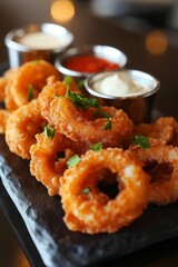 Wall Mural - A platter of golden fried calamari, garnished with parsley and served with marinara and garlic aioli dipping sauces on a dark slate plate.