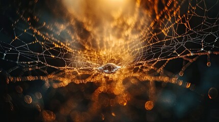 a stunning close-up of a dew-covered spider web in the morning sunlight, symbolizing nature??a?a?s i