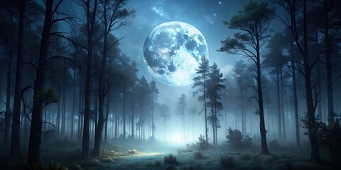 dark forest at night with a full moon, shadows, moonlight