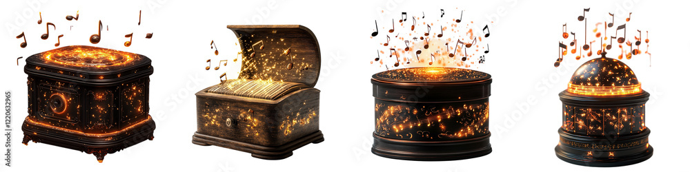 Vintage music boxes with glowing musical notes and sparkling effects on ...