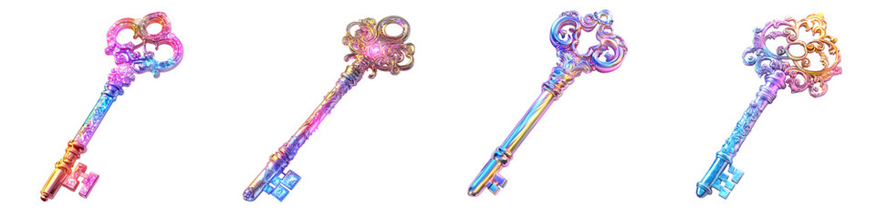 Wall Mural - colorful antique keys ornate designs vintage style on transparent background