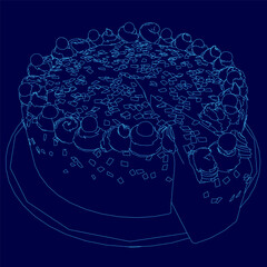 Poster - Blue drawing of a cake with a slice missing. The cake is surrounded by a blue border and has a blue background. The cake is decorated with a variety of toppings, including cherries