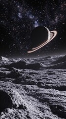 Wall Mural - A rocky celestial surface under a starry sky, with a ringed planet prominently displayed in the distance