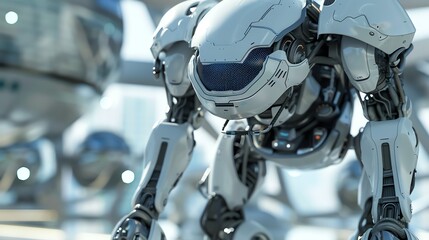Poster - A close-up of a humanoid robot, showcasing its intricate mechanical design and sleek, white exterior.