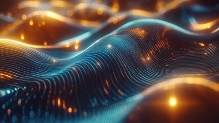 Fototapete - Abstract technology background with glowing blue and orange dots creating wavy lines