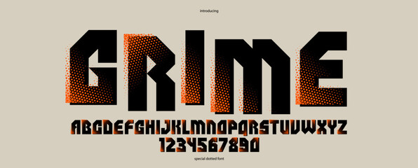 Poster - Halftone dotted geometric brutal and bold typeface for logos and posters, vector urban industrial font, modern display typography in cyberpunk futuristic style.