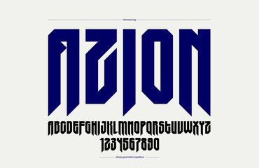 Fototapete - Sharp and bold tall gothic font for logo creation of for headlines, edgy geometric modern vector condensed typeface, heavy metal and hard rock style alphabet with numbers.