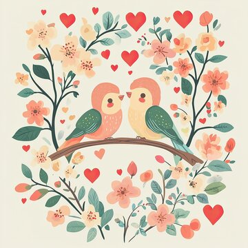 Flat Lay of Two Lovebirds with Flowers and Hearts, Valentine’s Day, Valentine’s Day image 