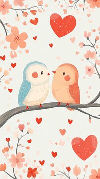 Flat Lay of Two Lovebirds with Flowers and Hearts, Valentine’s Day, Valentine’s Day image 