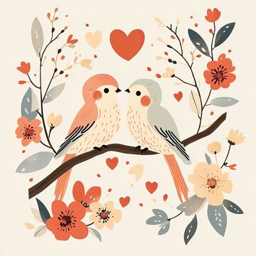 Flat Lay of Two Lovebirds with Flowers and Hearts, Valentine’s Day, Valentine’s Day image 