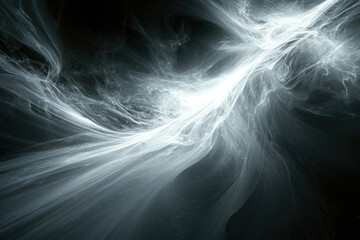 Poster - Abstract grayscale fractal art depicting swirling, ethereal energy streams in a dark background.