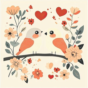 Flat Lay of Two Lovebirds with Flowers and Hearts, Valentine’s Day, Valentine’s Day image 