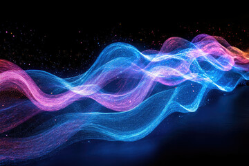 Poster - Abstract art depicting flowing, luminous waves of blue and pink light against a dark background.