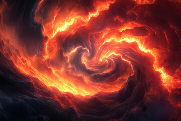 Poster - A swirling vortex of fiery clouds, intense orange and yellow flames creating a hellish, mesmerizing spectacle.
