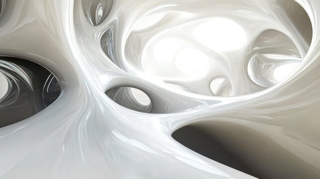 Abstract 3D rendering of flowing white and gray forms creating a complex, organic structure with inner light.