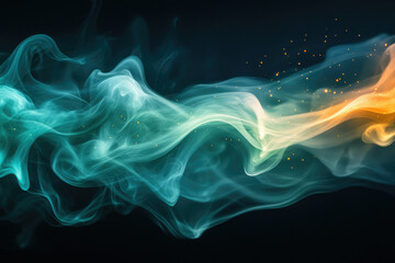 Fototapete - Abstract swirling teal and orange smoke with golden sparkles on a dark background.