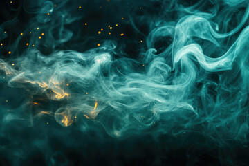 Poster - Abstract teal smoke swirls with golden sparks against a dark background, creating a mystical and ethereal atmosphere.
