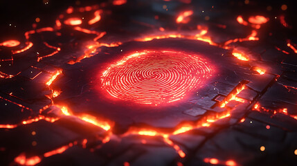 Poster - fiery fingerprint embedded in a futuristic, cracked, lavalike surface. a dramatic, hightech image pe