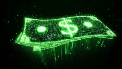 a glowing green digital dollar bill with the word dollar in the middle on a black background. The digital money is surrounded by lines of code in a futuristic and abstract way.