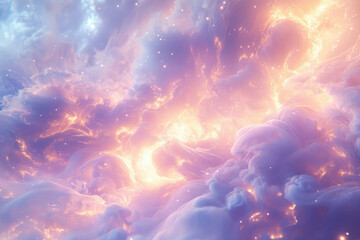 Poster - A dreamy, ethereal cloudscape with soft pastel hues and glowing embers, resembling a celestial nebula.