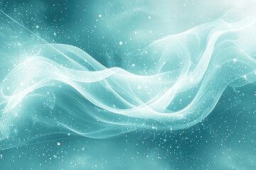 Aufkleber - Abstract teal background with flowing white translucent waves and sparkling particles.