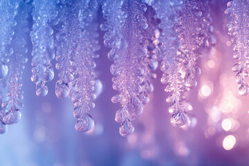 Poster - Close-up of delicate, crystalline ice formations dripping, showcasing intricate details and vibrant purple hues.
