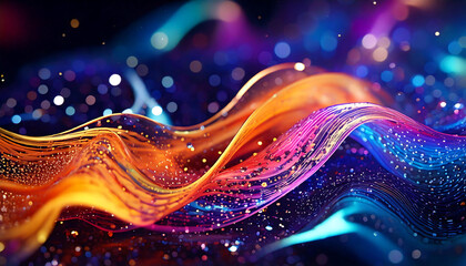 Poster - Vibrant, abstract wave of luminous colors with glittering particles.  Perfect for backgrounds, website headers, or any design needing a dynamic, energetic feel.