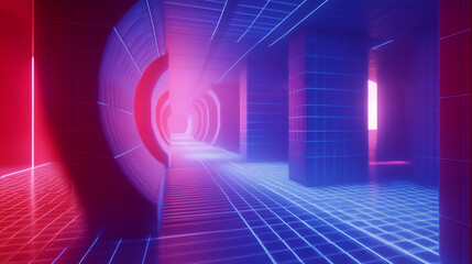 Poster - Futuristic hallway with neon red and blue lighting and tiled surfaces