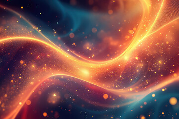 Poster - Abstract image with glowing orange and blue waves, sparkling particles and bokeh effect.