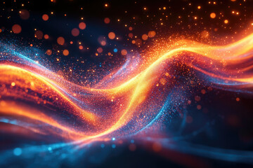 Poster - Abstract wave of glowing particles, vibrant orange and blue hues, dark background.
