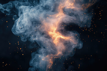 Poster - Abstract cosmic scene with swirling smoke, glowing embers, and scattered sparks against a dark backdrop.