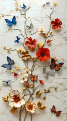 Fototapete - Digital platinum flowers and butterflies poster background