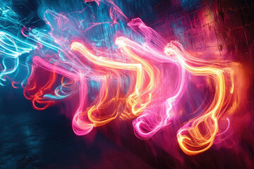 Aufkleber - Abstract light painting art showcasing vibrant pink, orange, and blue streaks against a dark textured wall.