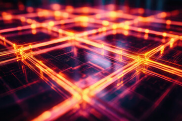 Aufkleber - Abstract digital grid with glowing orange lines, depicting a futuristic network or data flow.