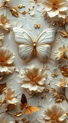 Fototapete - Digital platinum flowers and butterflies poster background