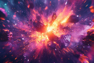 Poster - A vibrant cosmic explosion, fiery debris and radiant energy surge outwards in a dazzling spectacle.