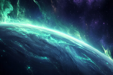 Poster - Vibrant cosmic view of Earth with glowing green auroras and starry galaxy background