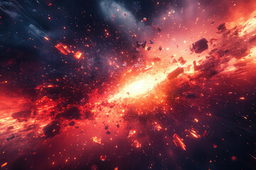 Poster - Fiery cosmic explosion, debris and energy radiating outwards in a vibrant display of destruction.