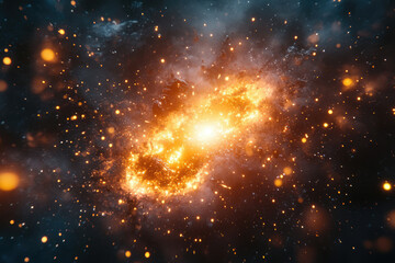Poster - Fiery cosmic explosion, glowing embers and debris scattered across dark space.