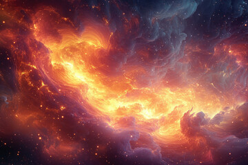 Poster - Fiery cosmic nebula swirls with vibrant orange and yellow hues amidst a dark space speckled with stars.