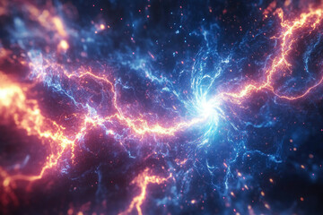 Poster - Clashing cosmic energies, vibrant blue and orange lightning collide in a swirling vortex of sparks and light.