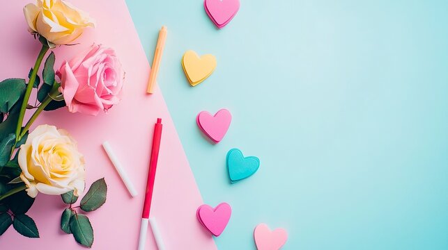 Flat Lay of Valentine’s Card Making with Flowers and Paper Hearts, Valentine’s Day, Valentine’s Day image