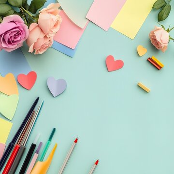 Flat Lay of Valentine’s Card Making with Flowers and Paper Hearts, Valentine’s Day, Valentine’s Day image