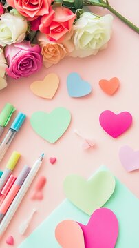 Flat Lay of Valentine’s Card Making with Flowers and Paper Hearts, Valentine’s Day, Valentine’s Day image