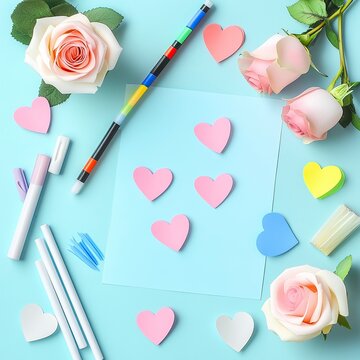 Flat Lay of Valentine’s Card Making with Flowers and Paper Hearts, Valentine’s Day, Valentine’s Day image