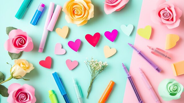 Flat Lay of Valentine’s Card Making with Flowers and Paper Hearts, Valentine’s Day, Valentine’s Day image