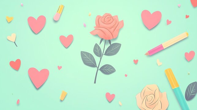 Flat Lay of Valentine’s Card Making with Flowers and Paper Hearts, Valentine’s Day, Valentine’s Day image