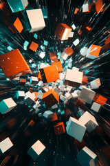 Aufkleber - Vibrant 3D cubes in dynamic motion with glowing light effects and abstract depth. Business background