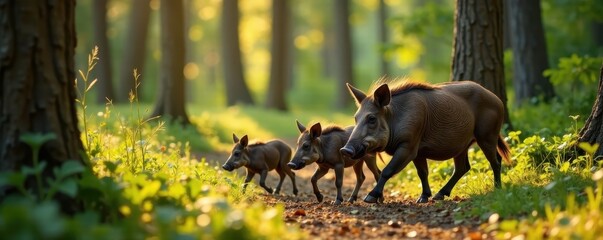 Wall Mural - Wild boar family foraging in sun-dappled forest, outdoors, earth, environment