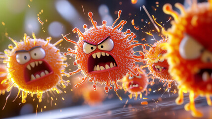 Fototapete - Angry Cartoon Viruses in Dynamic 3D Rendering A Colorful and Aggressive Microbe Illustration